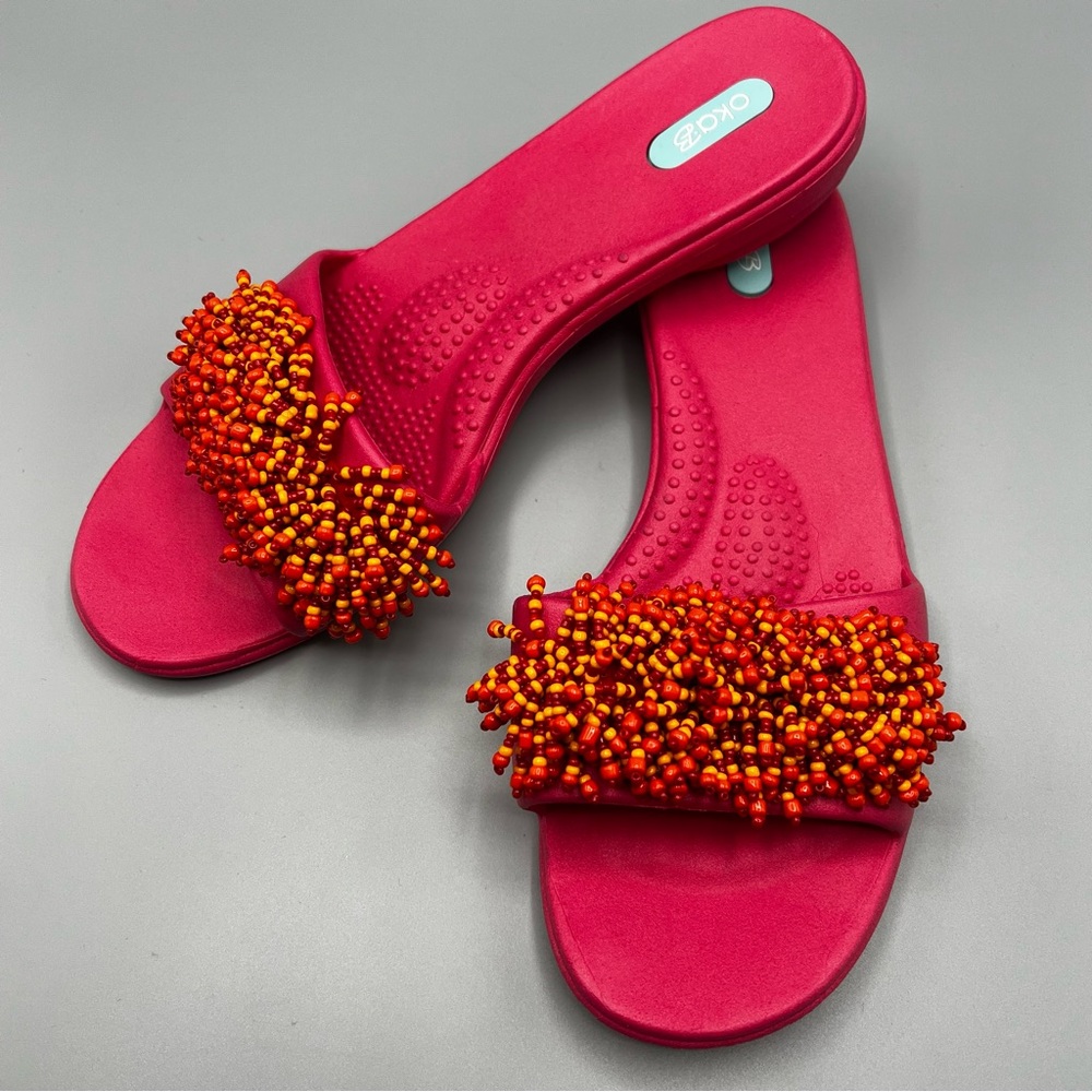 Soft Sorroundings Oka B Gaga Slip On Flat Slide Sandals Red /orange / pink M/L - Picture 3 of 10
